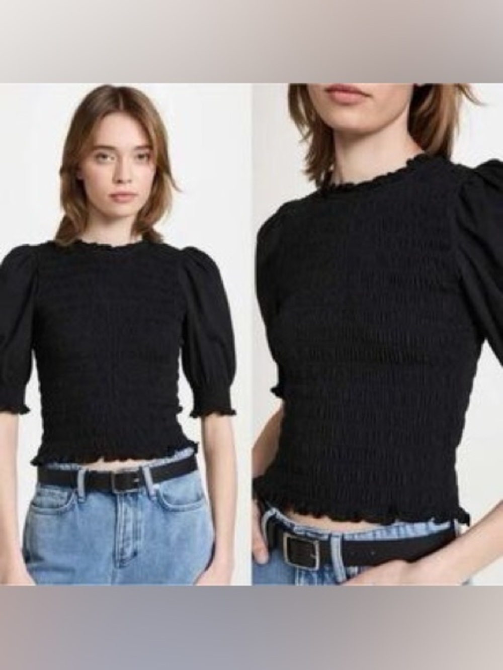 Veronica Beard Black Smocked Puff-Sleeve Crop Top